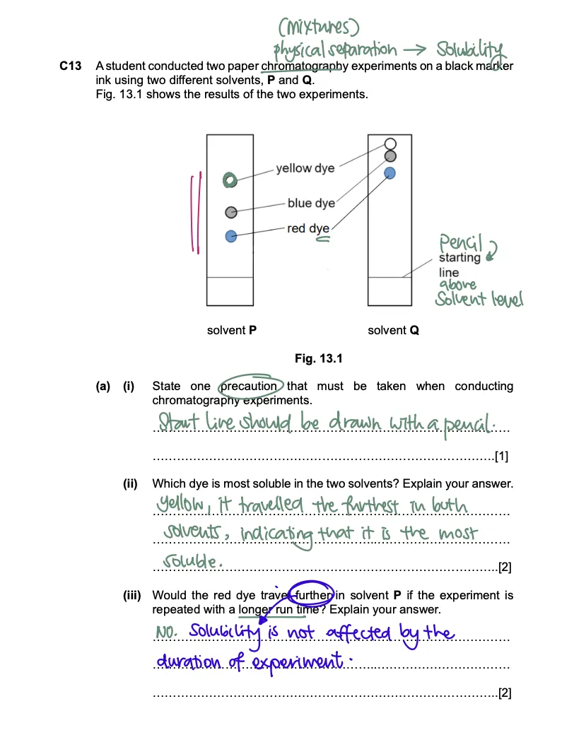 Preview of the annotated PDF answer scheme, with Teacher Stefanie's handwritten workings for the chromatography question