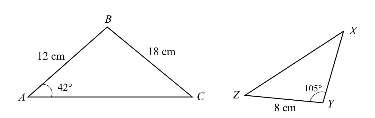 Two triangles: triangle ABC with angle A = 42 degrees, AB = 12cm, BC = 18cm; and triangle ZYX with angle Y = 105 degrees, ZY = 8cm, similar to triangle ABC