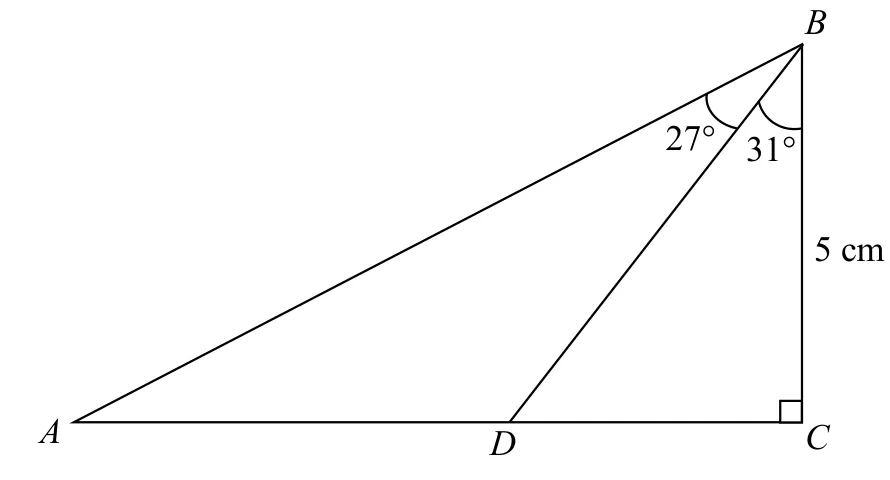Triangle ABC with a right angle at C, point D on AC, angle ABD = 27 degrees, angle DBC = 31 degrees, and BC = 5cm