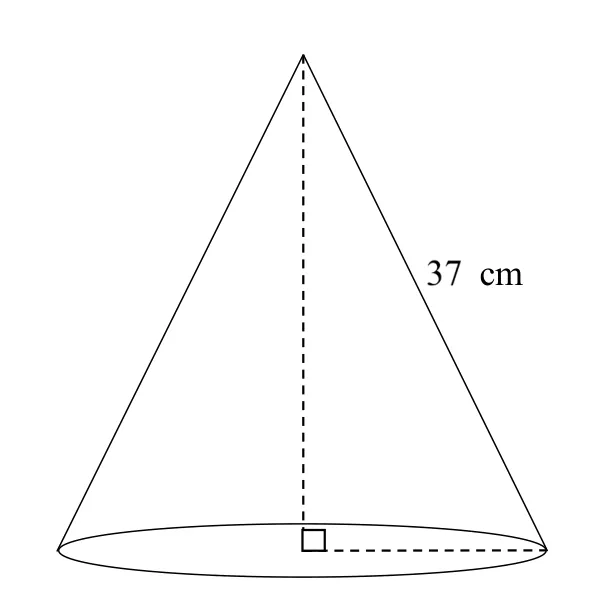 Cone with slant height 37cm, a dashed vertical line for the height, and a right angle marked between the height and the base radius
